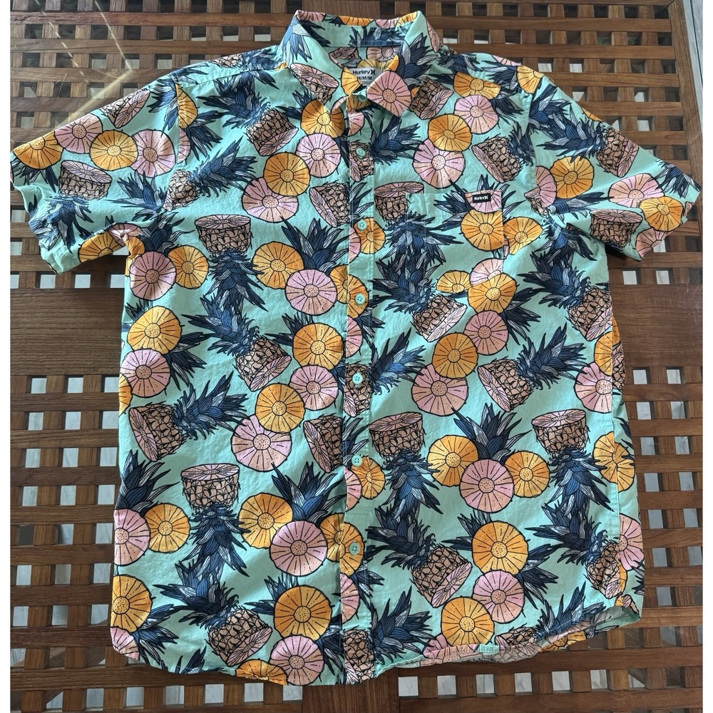 Hurley Shirt‎ Men's M Short Sleeve Blue Tropical Pineapple Hawaiian Button Up